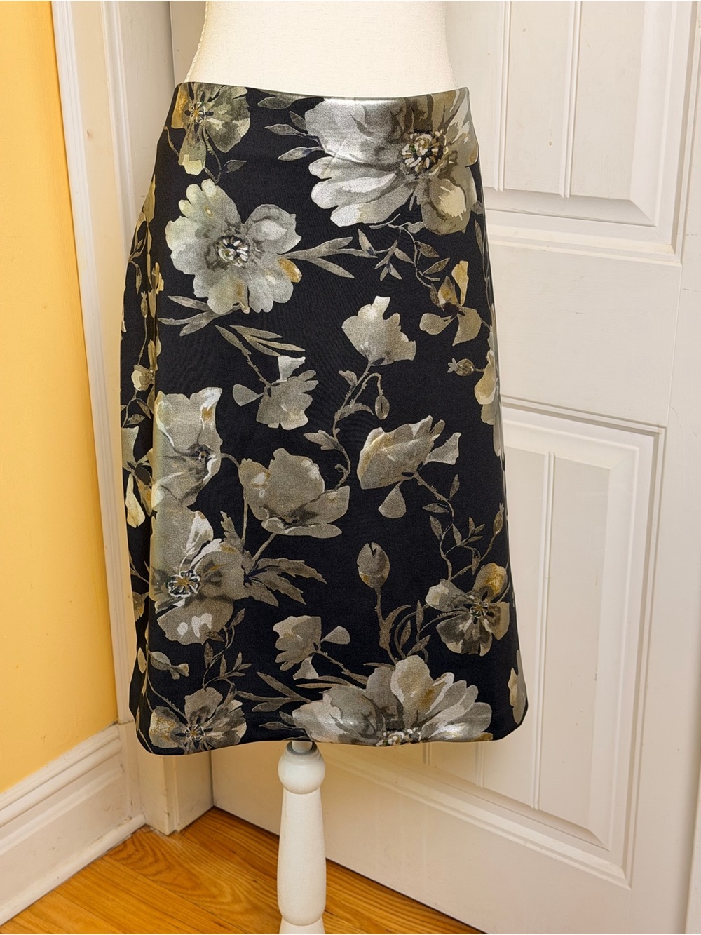 Roz & Ali Black A-Line Skirt with Metallic Gold & Silver Floral